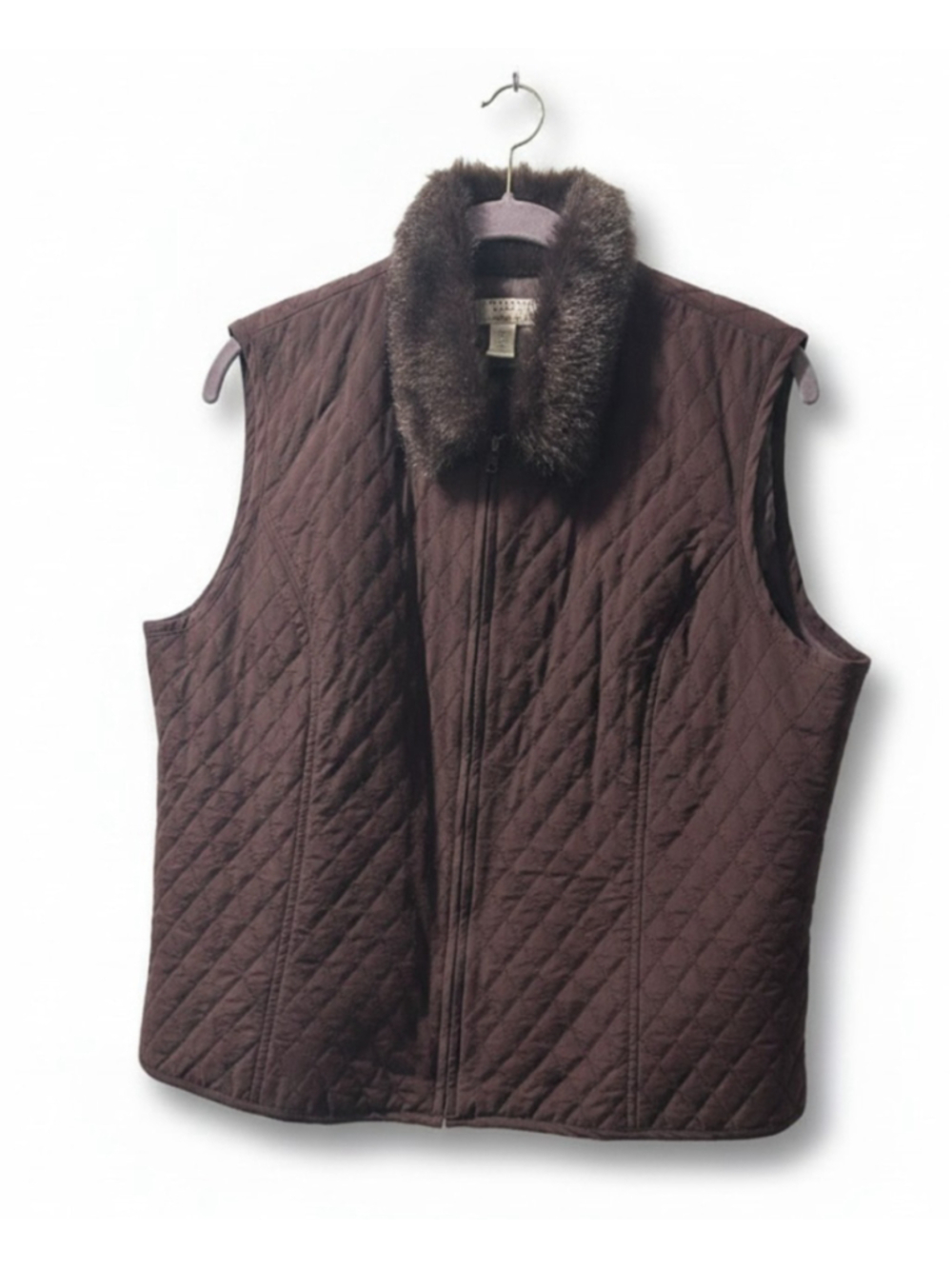 John Paul Richard Petite Brown Quilted Vest Faux Fur Collar Silk Blend Size LP